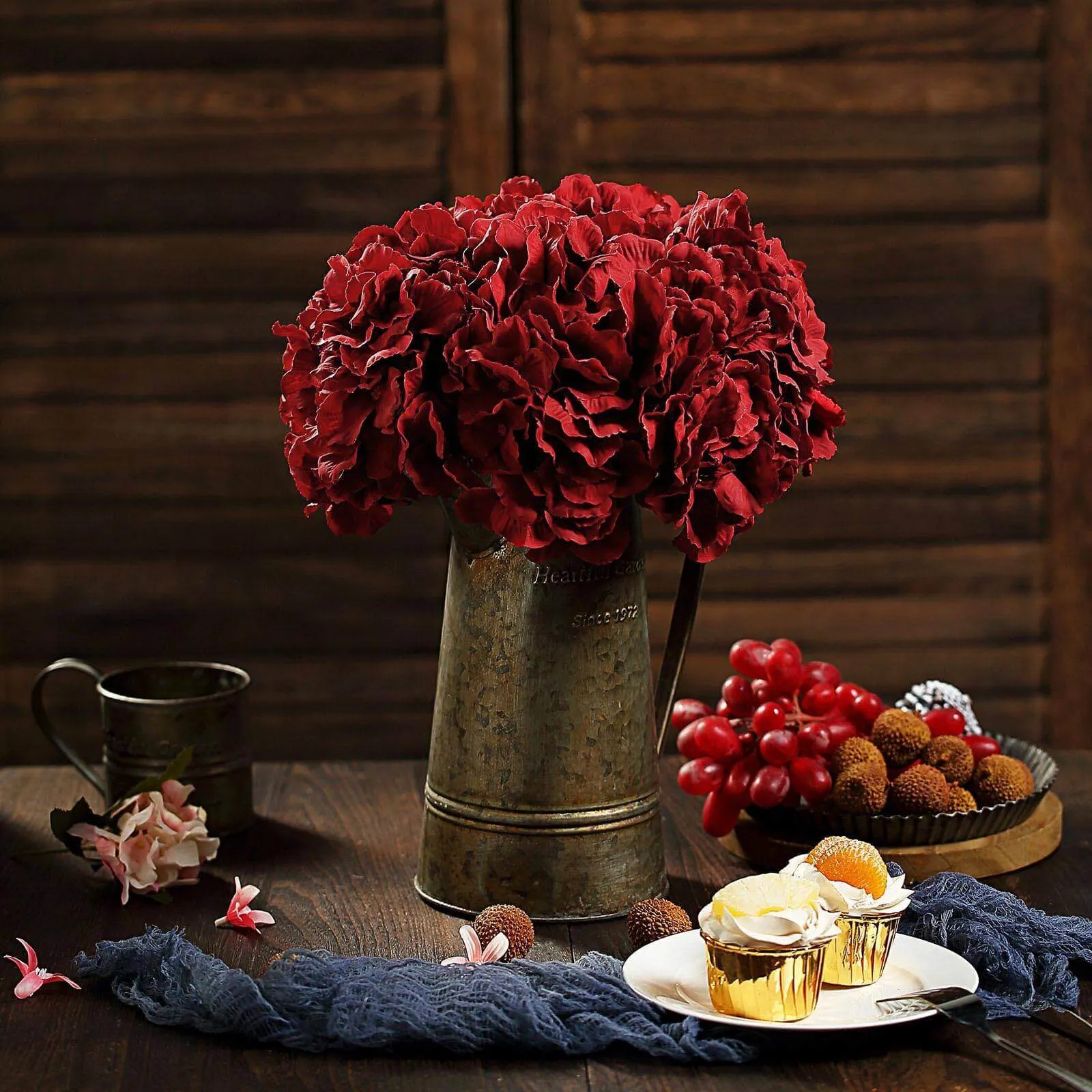 10 Flower Head and Stems Burgundy Artificial Satin Hydrangeas, DIY Arrangement