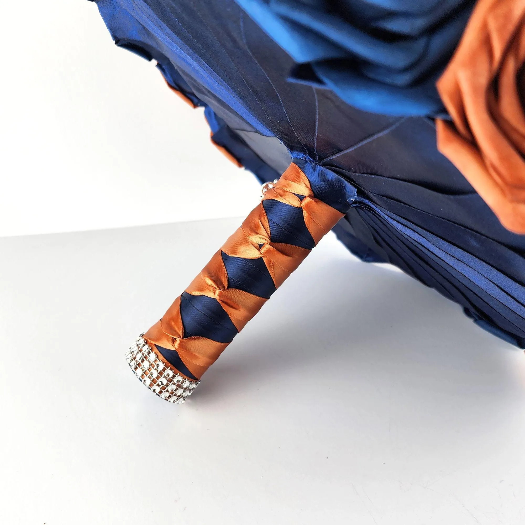 10-Inch Burnt Orange and Navy Blue Bridal Bouquet Made with Real Touch Roses