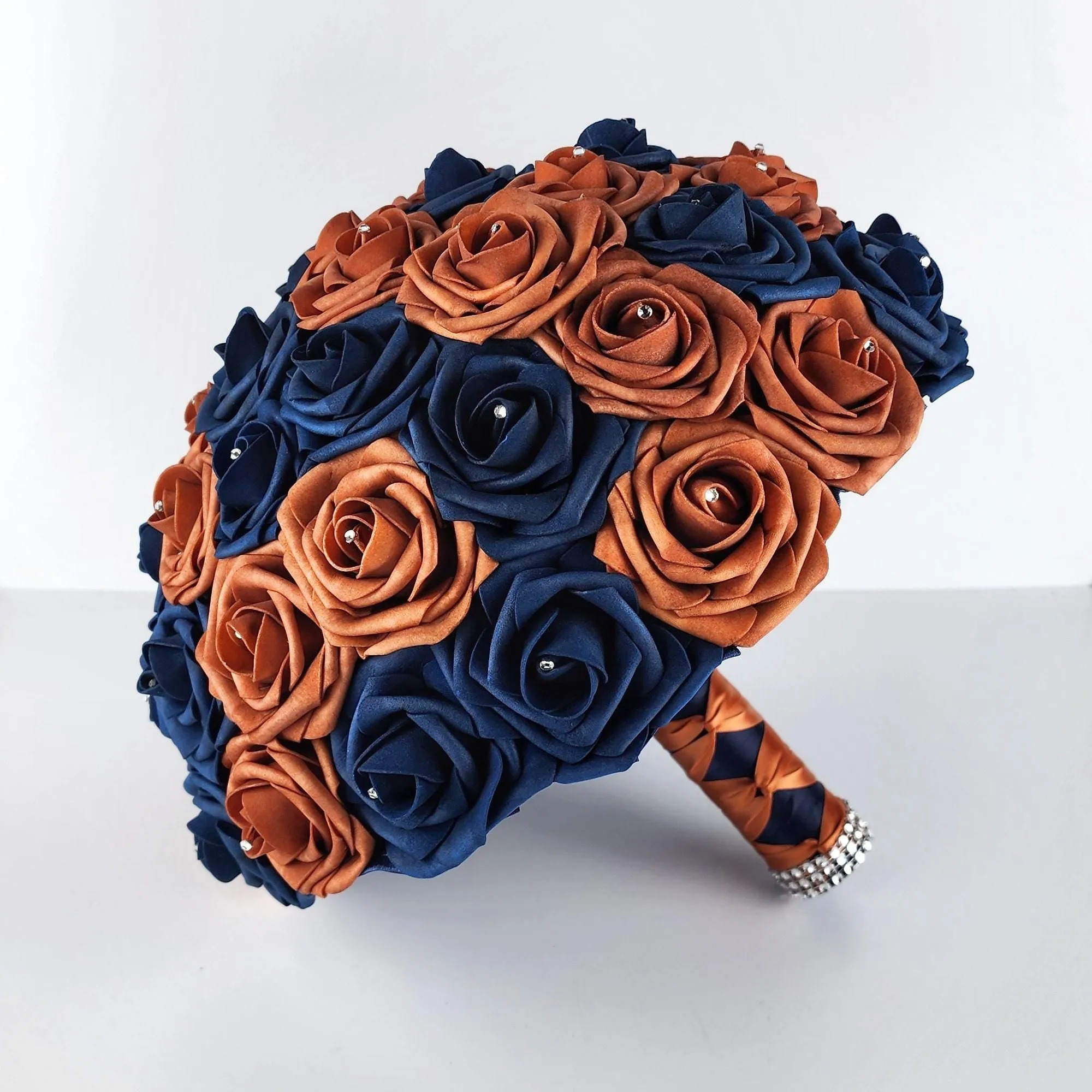 10-Inch Burnt Orange and Navy Blue Bridal Bouquet Made with Real Touch Roses