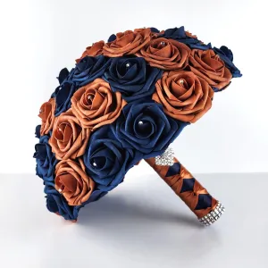 10-Inch Burnt Orange and Navy Blue Bridal Bouquet Made with Real Touch Roses
