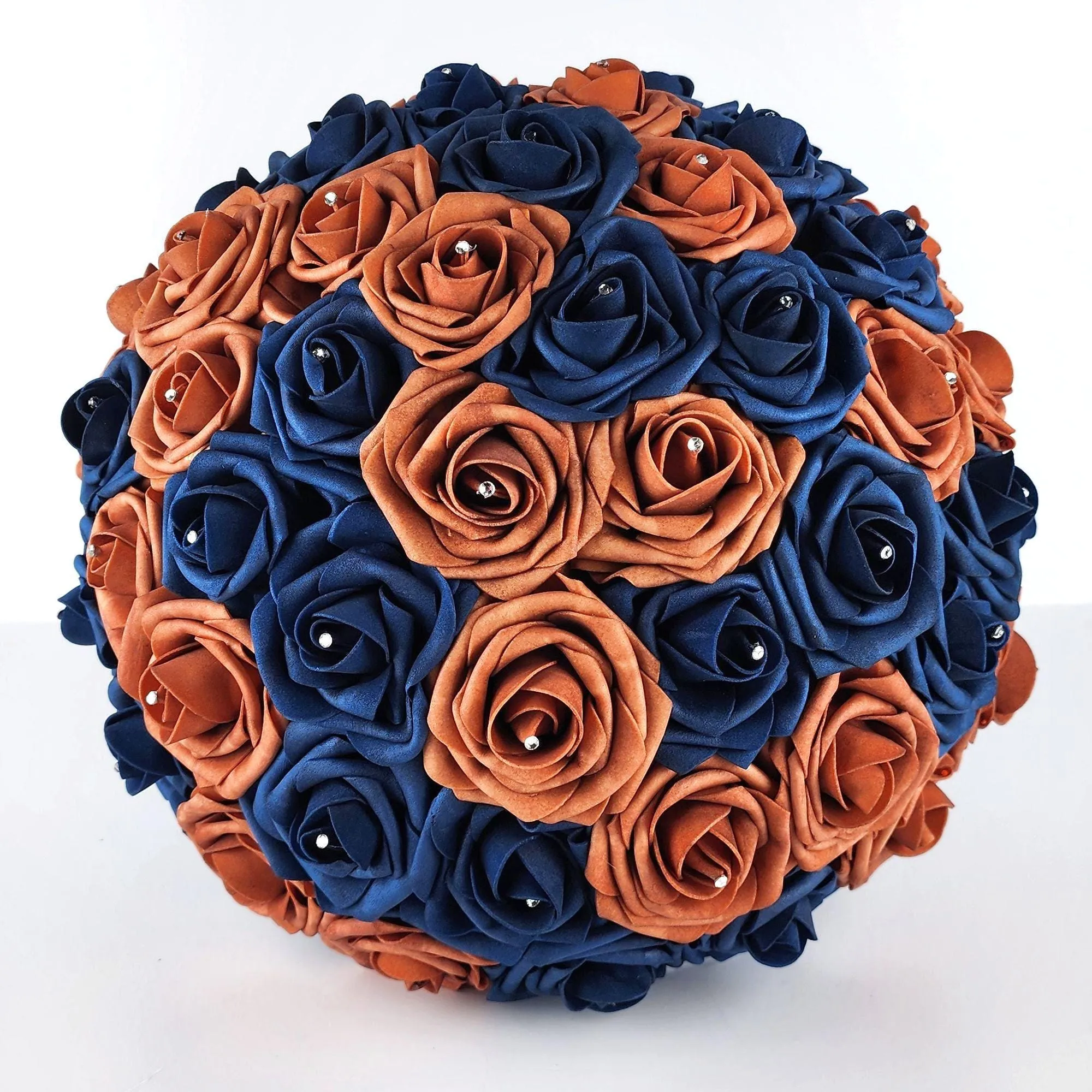 10-Inch Burnt Orange and Navy Blue Bridal Bouquet Made with Real Touch Roses