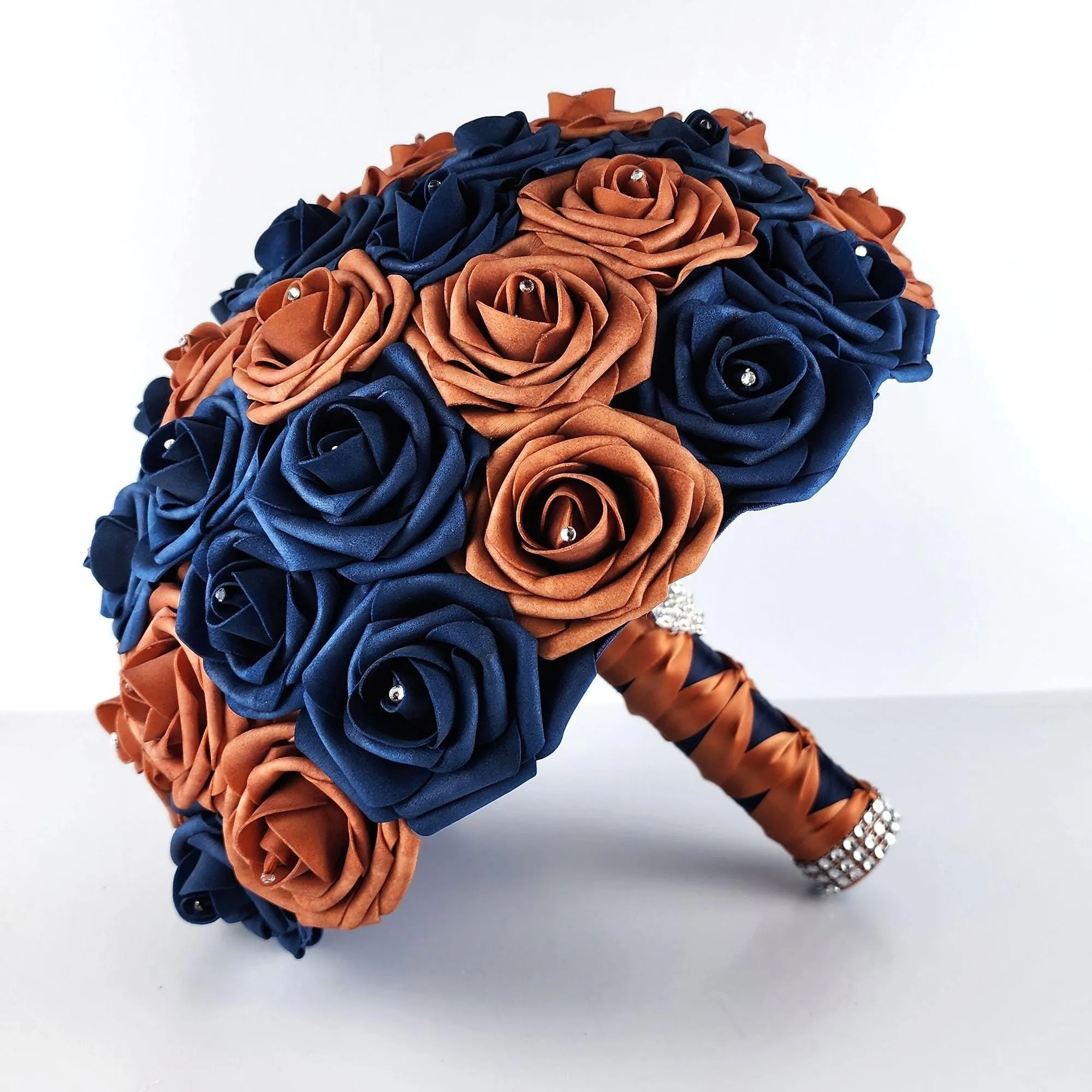 10-Inch Burnt Orange and Navy Blue Bridal Bouquet Made with Real Touch Roses