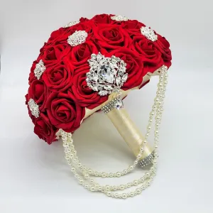 10-Inch Luxury Red Brooch Wedding Bouquet with Pearls – Elegant Bridal Keepsake