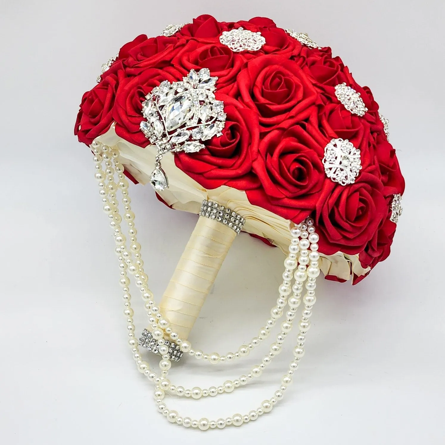 10-Inch Luxury Red Brooch Wedding Bouquet with Pearls – Elegant Bridal Keepsake