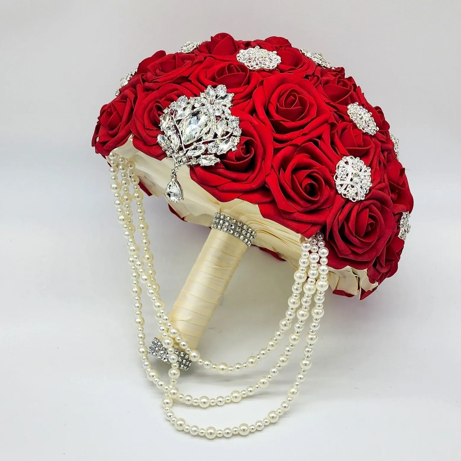 10-Inch Luxury Red Brooch Wedding Bouquet with Pearls – Elegant Bridal Keepsake