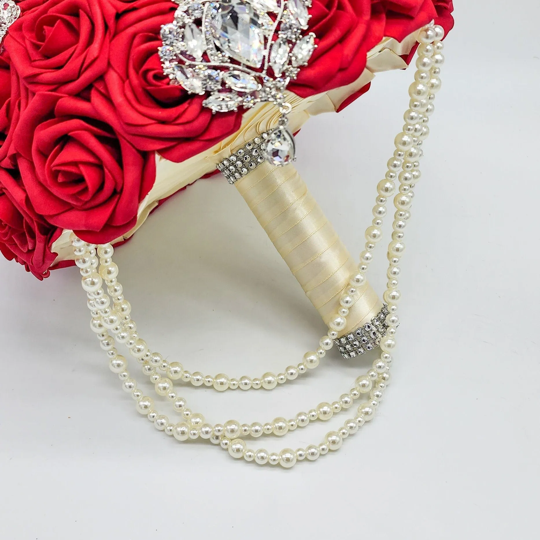 10-Inch Luxury Red Brooch Wedding Bouquet with Pearls – Elegant Bridal Keepsake