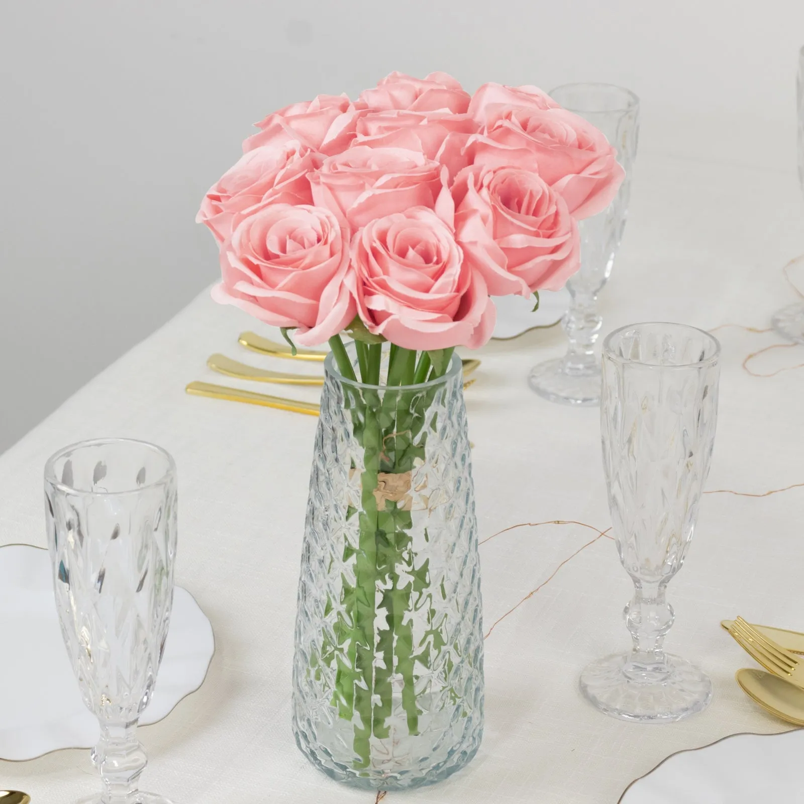 10 Pcs 12" Artificial Silk Roses - Pink, Single Stem Rose for Flower Bouquet Arrangements