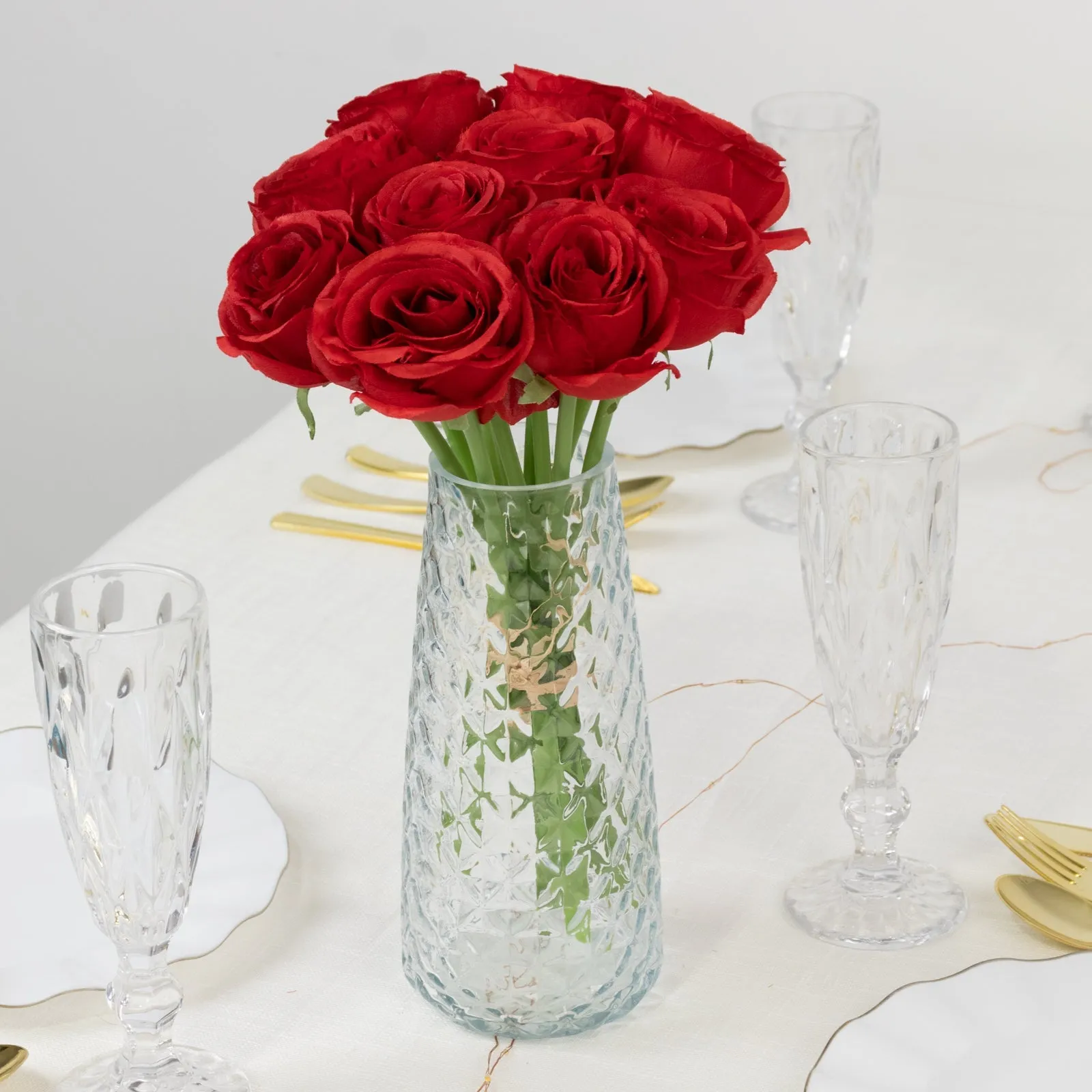 10 Pcs 12" Artificial Silk Roses - Red, Single Stem Rose for Flower Bouquet Arrangements