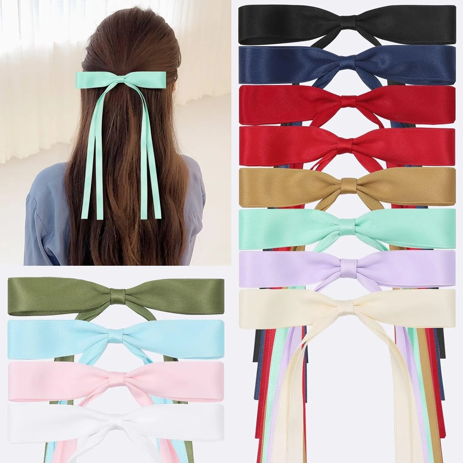 12 PCS Hair Bows for Women, Hair Ribbon Hair Bows with Long Tail Hair Bow Clips Hair Barrettes for Women Accessories