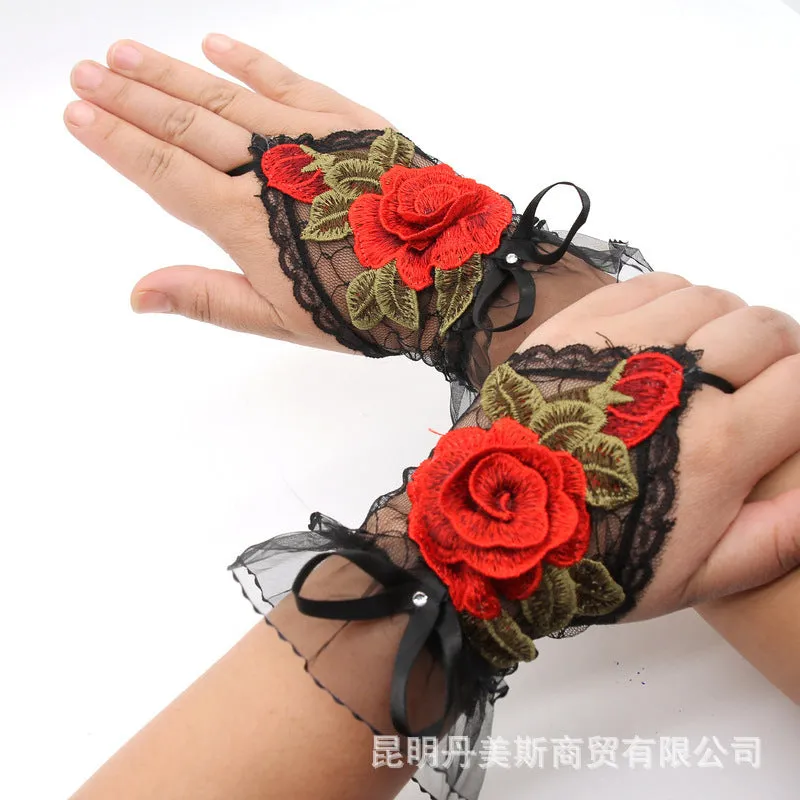 2024 Spring/Summer New Ethnic Embroidered Gloves – Women's National Trend Fashion, Lace Wrist Accessories, Half-Finger Design, One Size