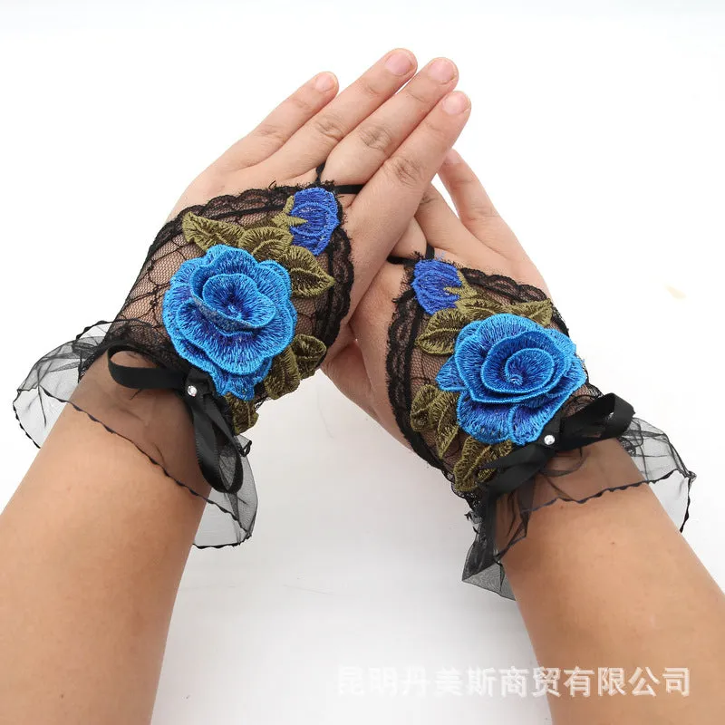 2024 Spring/Summer New Ethnic Embroidered Gloves – Women's National Trend Fashion, Lace Wrist Accessories, Half-Finger Design, One Size
