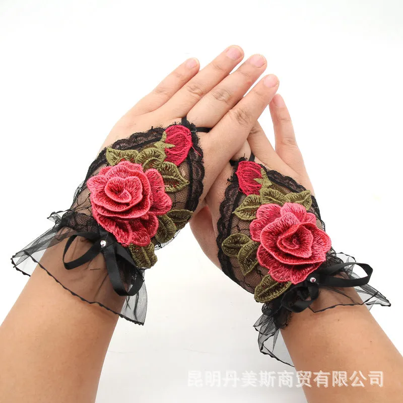 2024 Spring/Summer New Ethnic Embroidered Gloves – Women's National Trend Fashion, Lace Wrist Accessories, Half-Finger Design, One Size