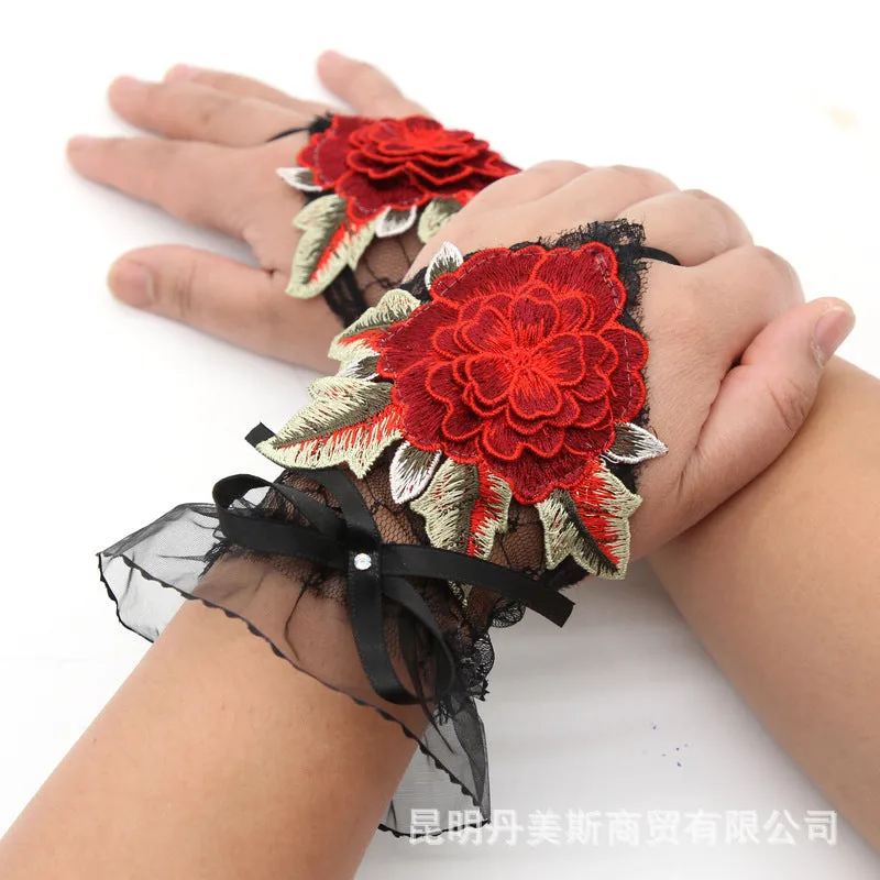 2024 Spring/Summer New Ethnic Embroidered Gloves – Women's National Trend Fashion, Lace Wrist Accessories, Half-Finger Design, One Size