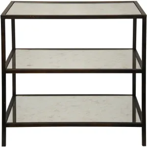 3 Tier Side Table with Antiqued Mirror, Black Steel