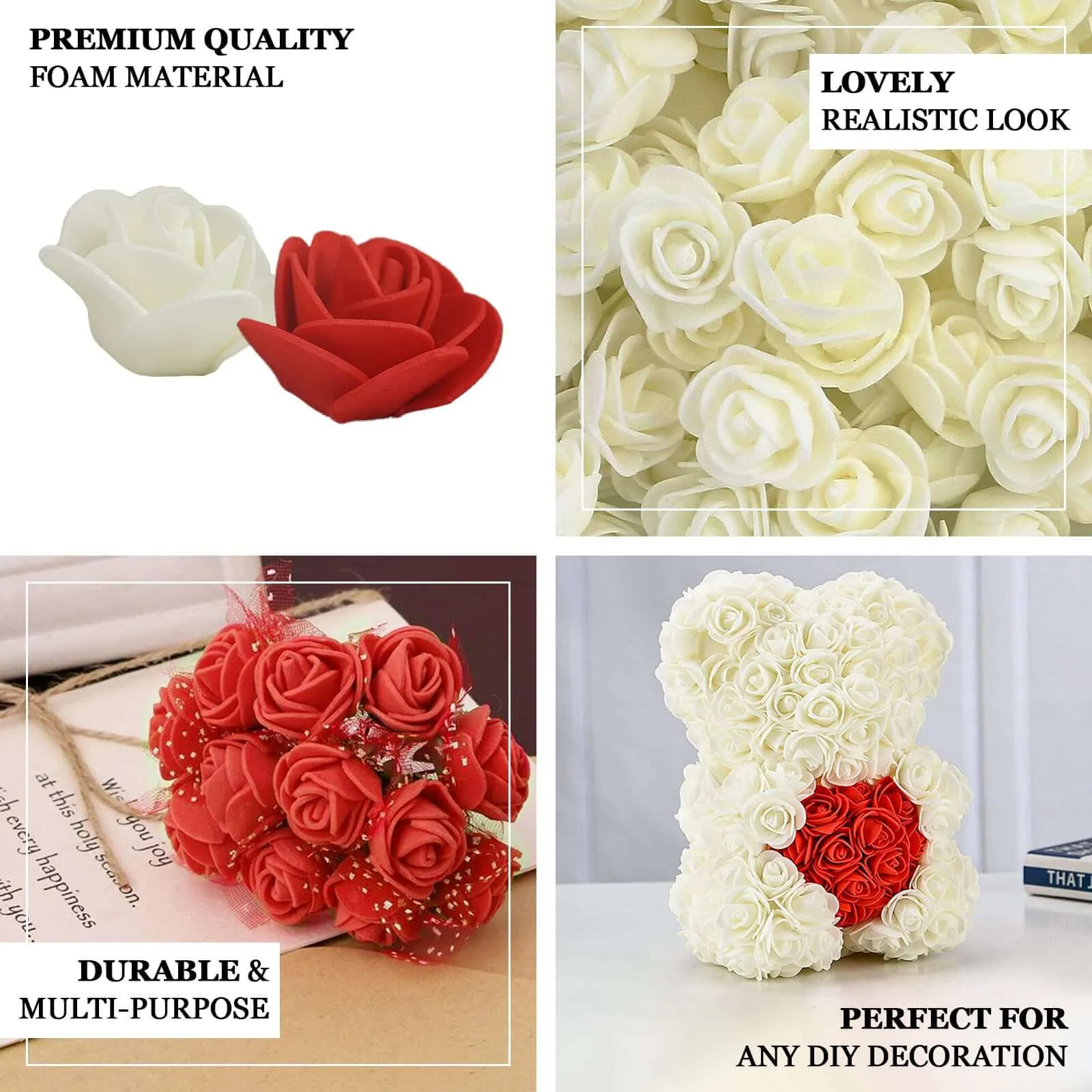 48 Roses 1" White Real Touch Artificial DIY Foam Rose Flowers With Stem, Craft Rose Buds