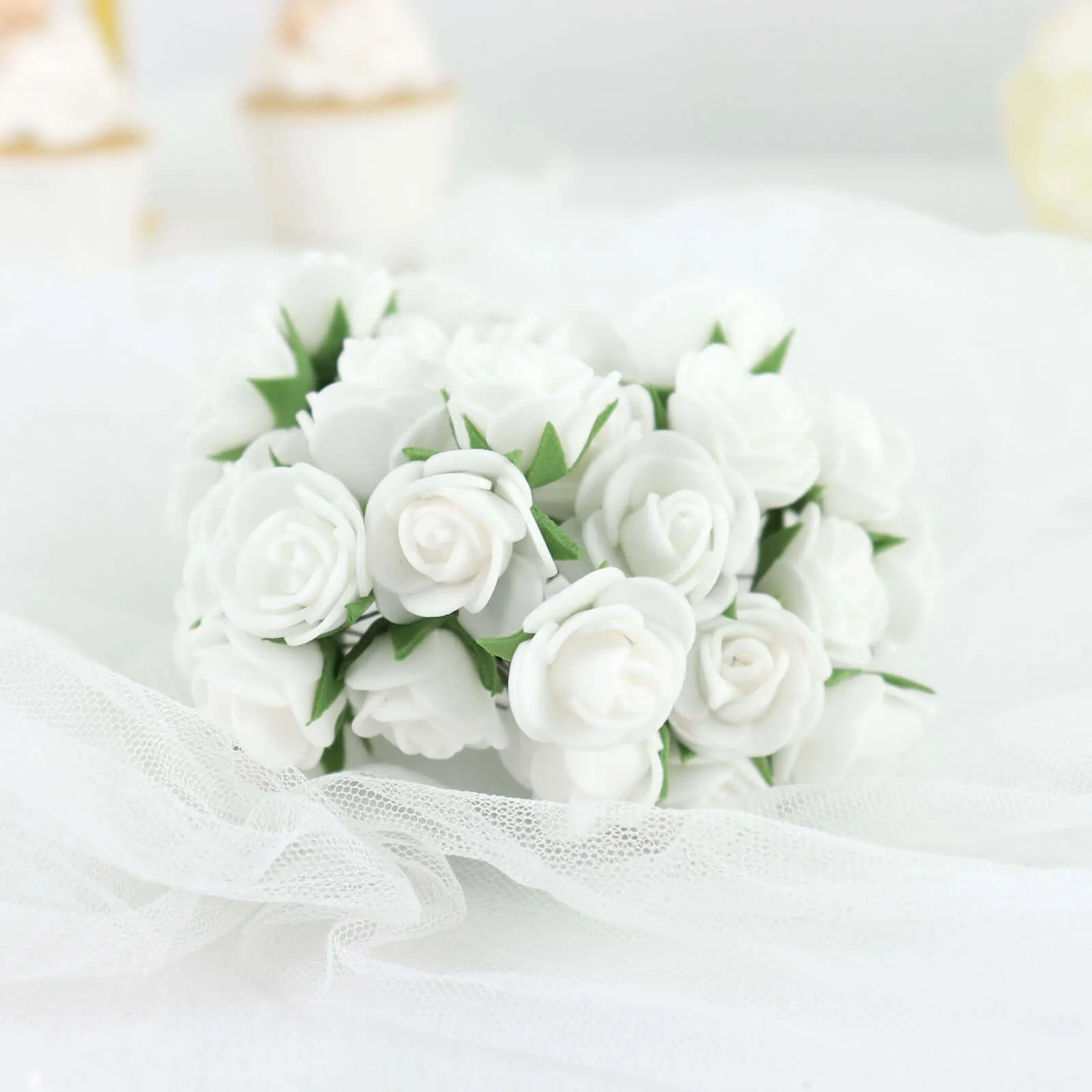 48 Roses 1" White Real Touch Artificial DIY Foam Rose Flowers With Stem, Craft Rose Buds