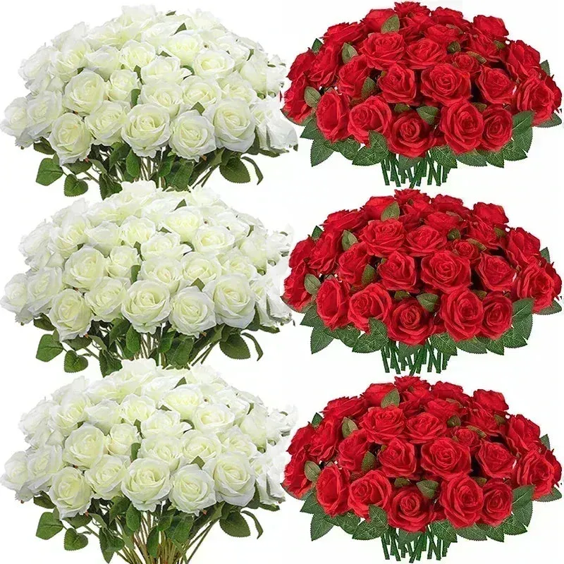 50 Pcs Artificial Silk Roses Bouquet – Real-Looking Fake Red Roses for Wedding, Party, and Home Decorations – DIY Floral Arrangements for Centerpieces