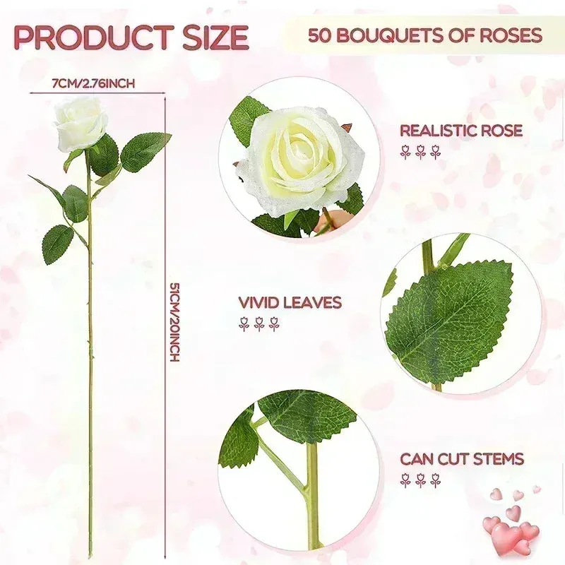 50 Pcs Artificial Silk Roses Bouquet – Real-Looking Fake Red Roses for Wedding, Party, and Home Decorations – DIY Floral Arrangements for Centerpieces