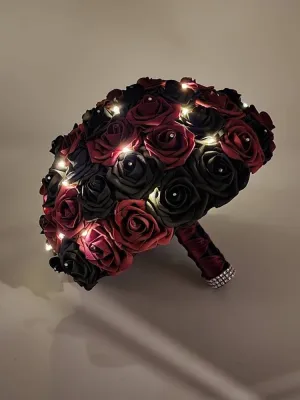 Black and Red Gothic Wedding Bouquet with LED Lights – Alternative Bridal Bouquet