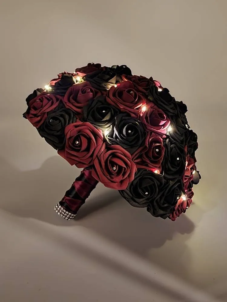 Black and Red Gothic Wedding Bouquet with LED Lights – Alternative Bridal Bouquet