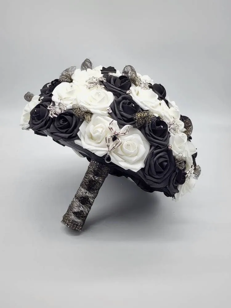 Black and White Gothic Wedding Bouquet – with Spider and Web Accents