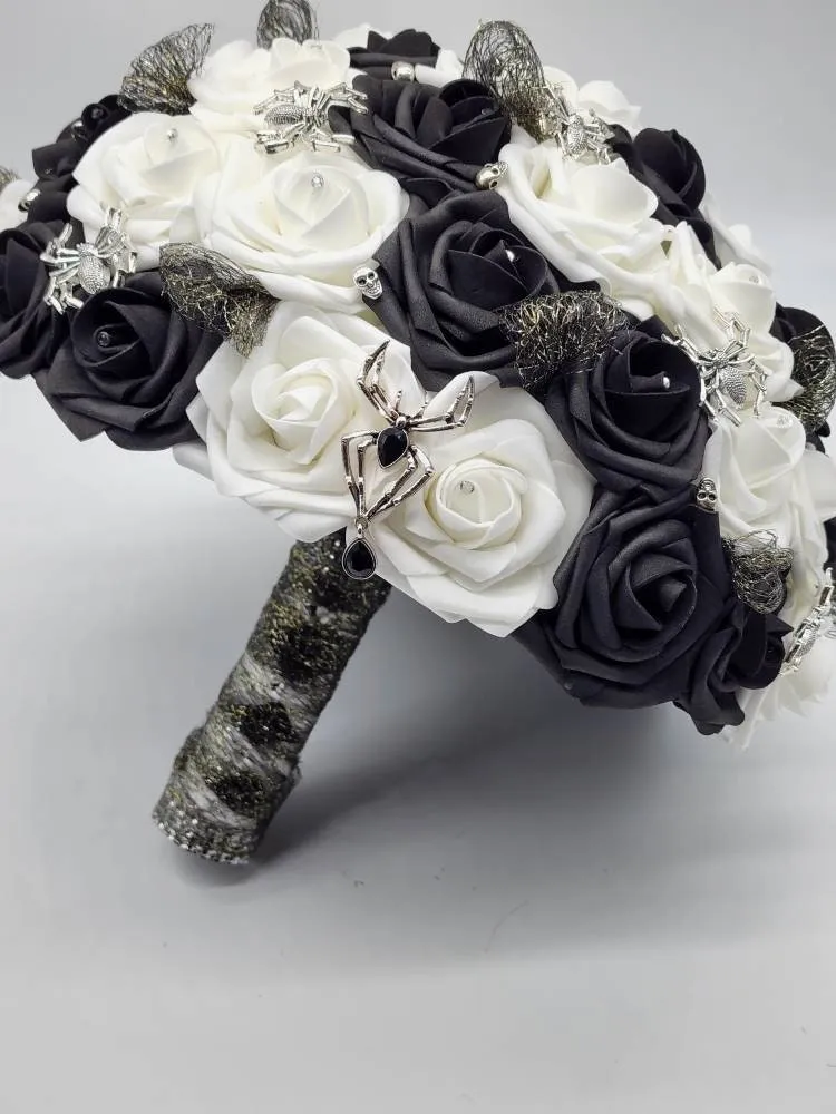 Black and White Gothic Wedding Bouquet – with Spider and Web Accents