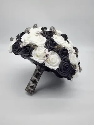 Black and White Gothic Wedding Bouquet – with Spider and Web Accents
