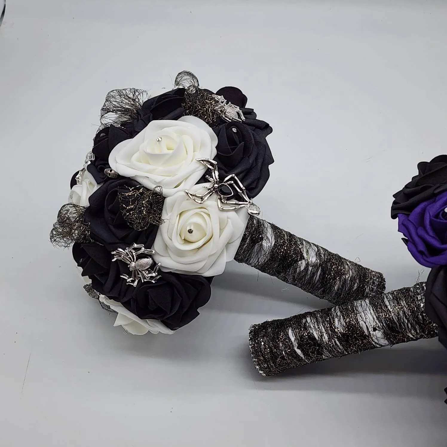 Black and White Gothic Wedding Bouquet – with Spider and Web Accents