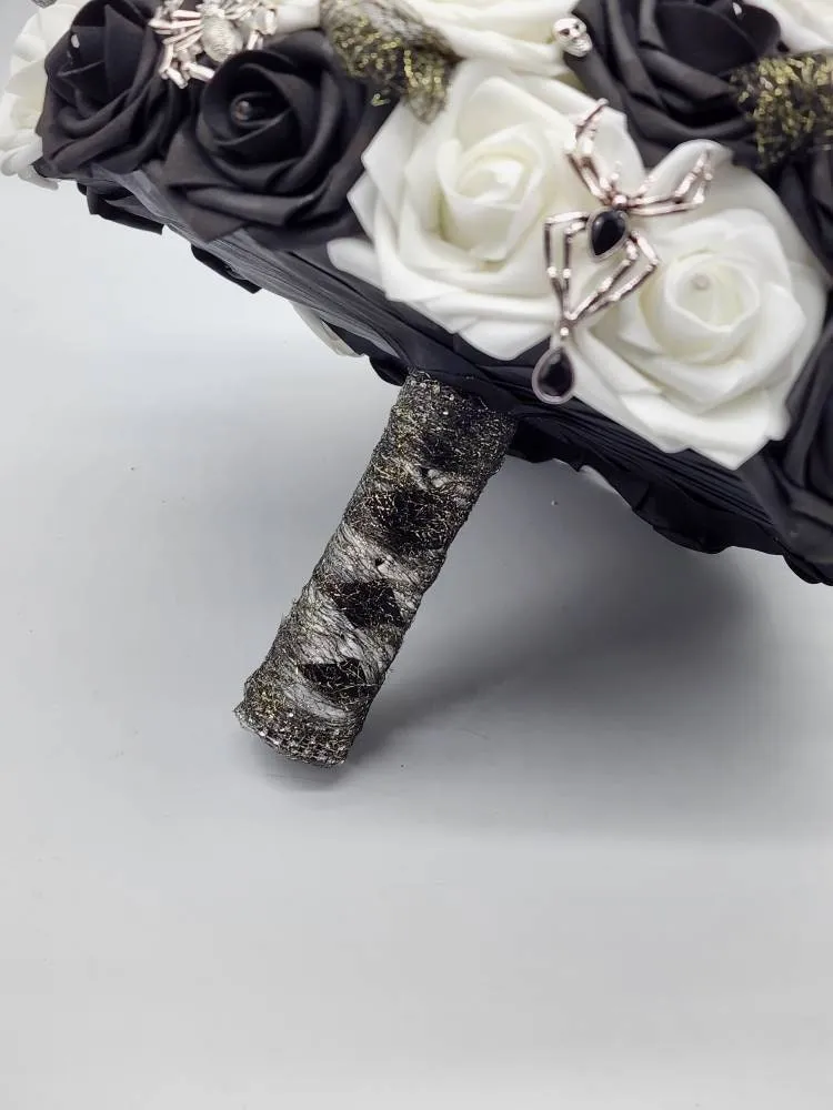 Black and White Gothic Wedding Bouquet – with Spider and Web Accents