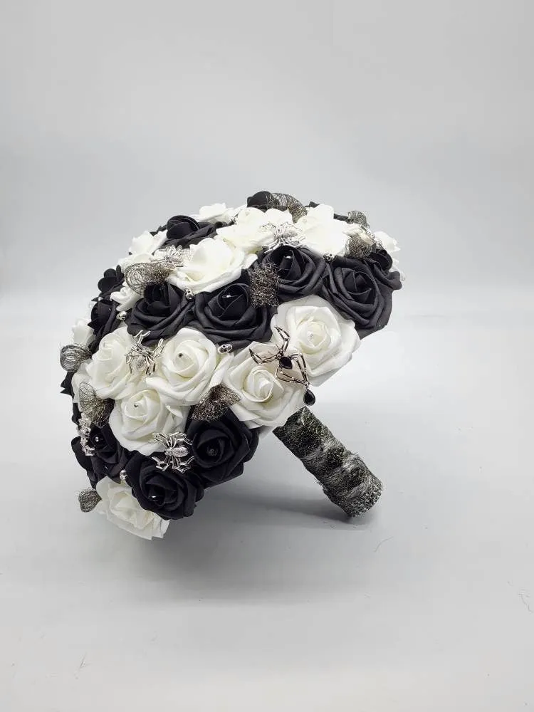 Black and White Gothic Wedding Bouquet – with Spider and Web Accents