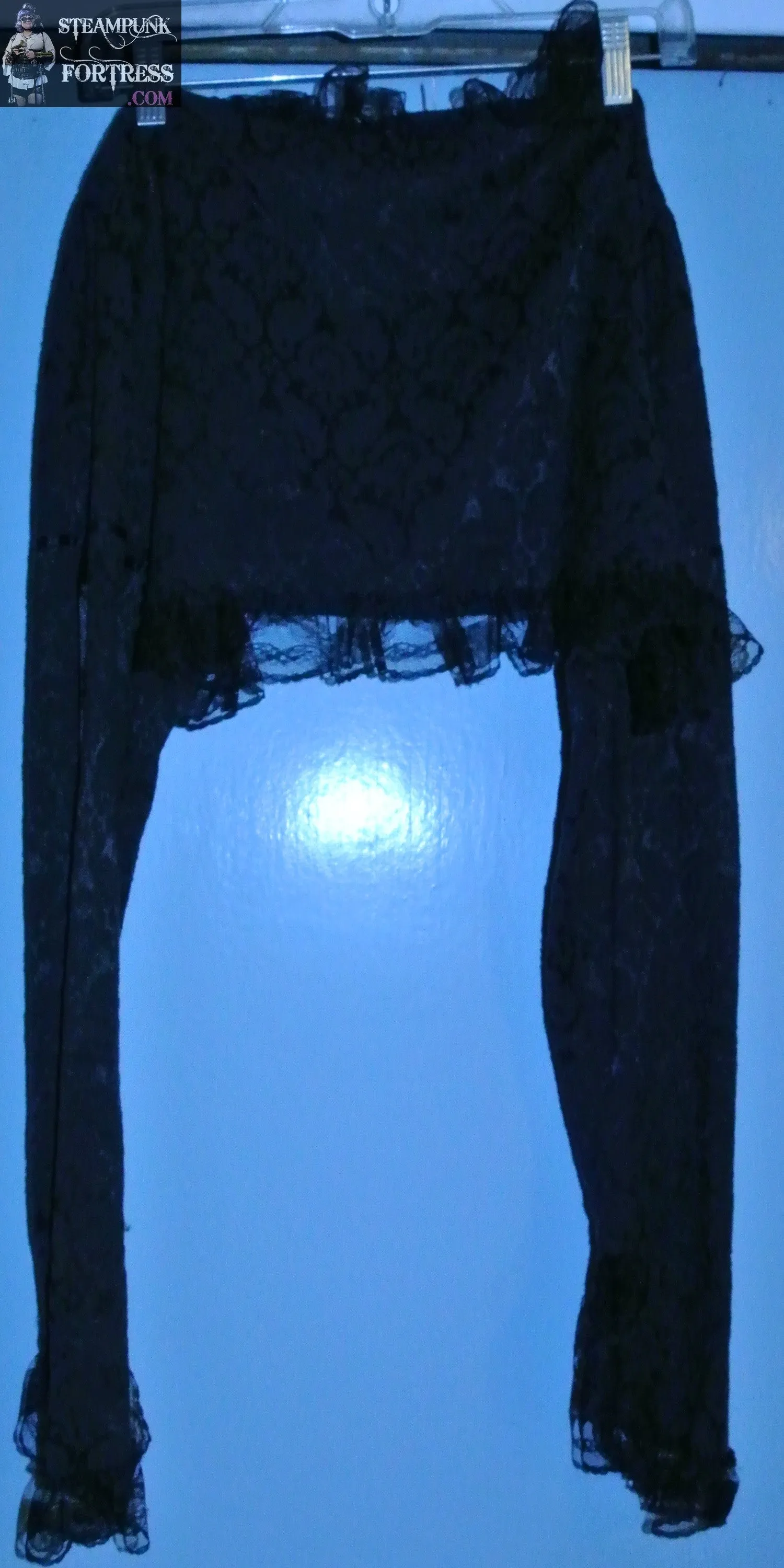 BLACK BOLERO SHORT JACKET SHRUG XL EXTRA LARGE LONG SLEEVE TIE FRONT LACE TRIM STEAMPUNK COSPLAY COSTUME- MASS PRODUCED