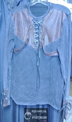 BLACK BROWN FAUX SUEDE SHIRT STEAMPUNK LONG SLEEVE PIRATE COSTUME COSPLAY LARGE XL EXTRA LARGE- MASS PRODUCED