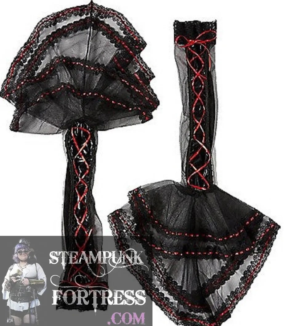 BLACK FINGERLESS SHEER BELL GLOVES RED LACE UP TRIM OVER ELBOW OPERA LENGTH 80S COSPLAY COSTUME HALLOWEEN VAMPIRE MASS PRODUCED
