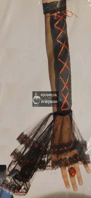 BLACK FINGERLESS SHEER BELL GLOVES RED LACE UP TRIM OVER ELBOW OPERA LENGTH 80S COSPLAY COSTUME HALLOWEEN VAMPIRE MASS PRODUCED