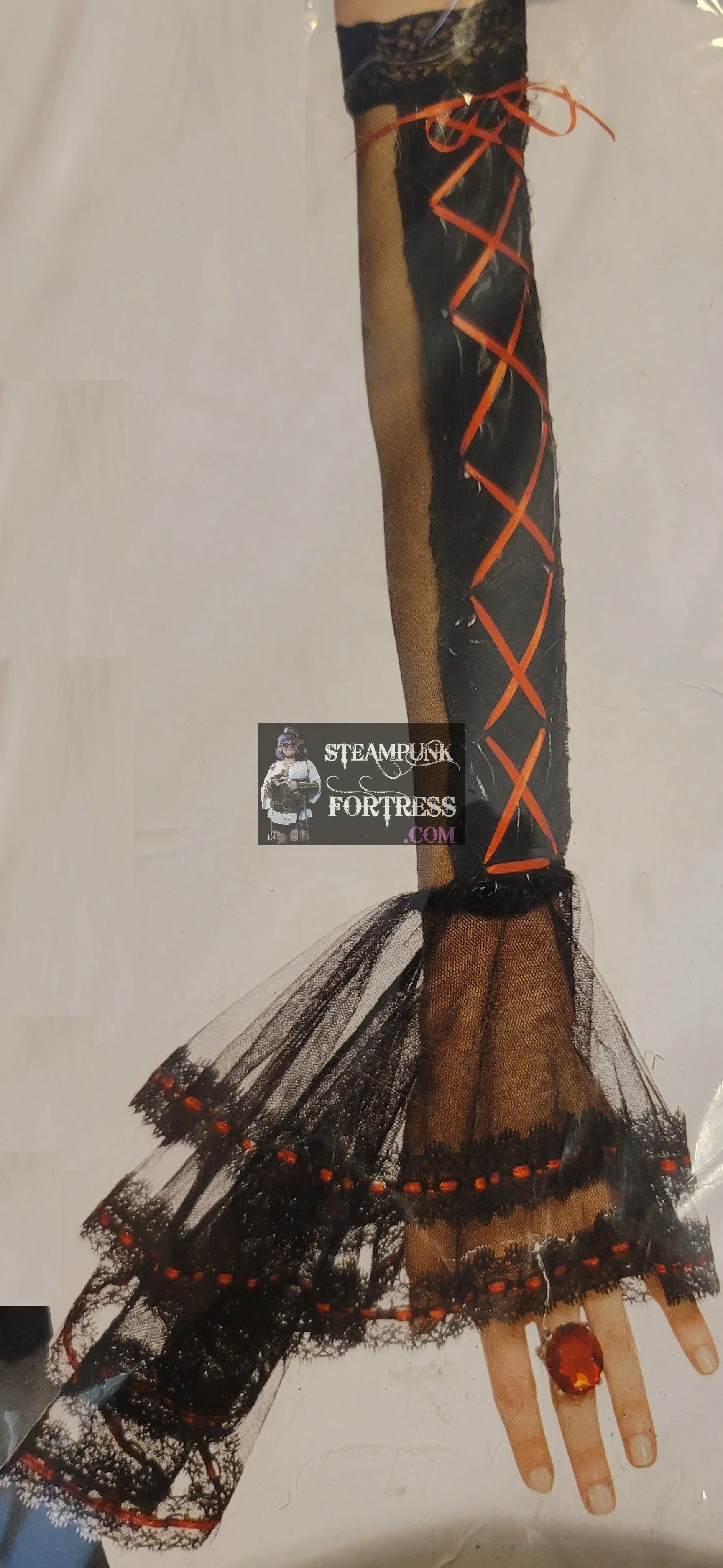 BLACK FINGERLESS SHEER BELL GLOVES RED LACE UP TRIM OVER ELBOW OPERA LENGTH 80S COSPLAY COSTUME HALLOWEEN VAMPIRE MASS PRODUCED
