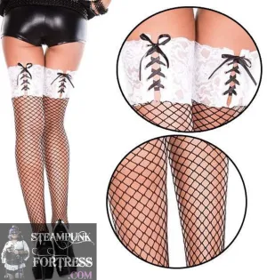 BLACK FISHNET THIGH HIGHS LIGHT PINK CORSET LACE UP TOP 80S COSPLAY COSTUME HALLOWEEN- MASS PRODUCED