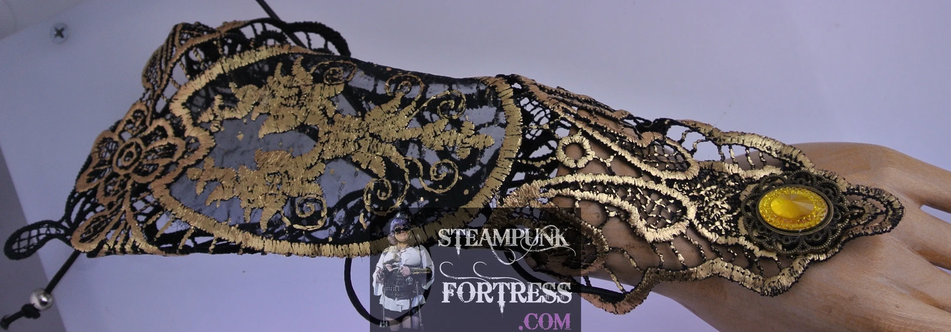 BLACK GOLD YELLOW STONE BRASS MID LENGTH LACE UP FINGERLESS GLOVE COSPLAY COSTUME HALLOWEEN STEAMPUNK SET AVAILABLE- MASS PRODUCED