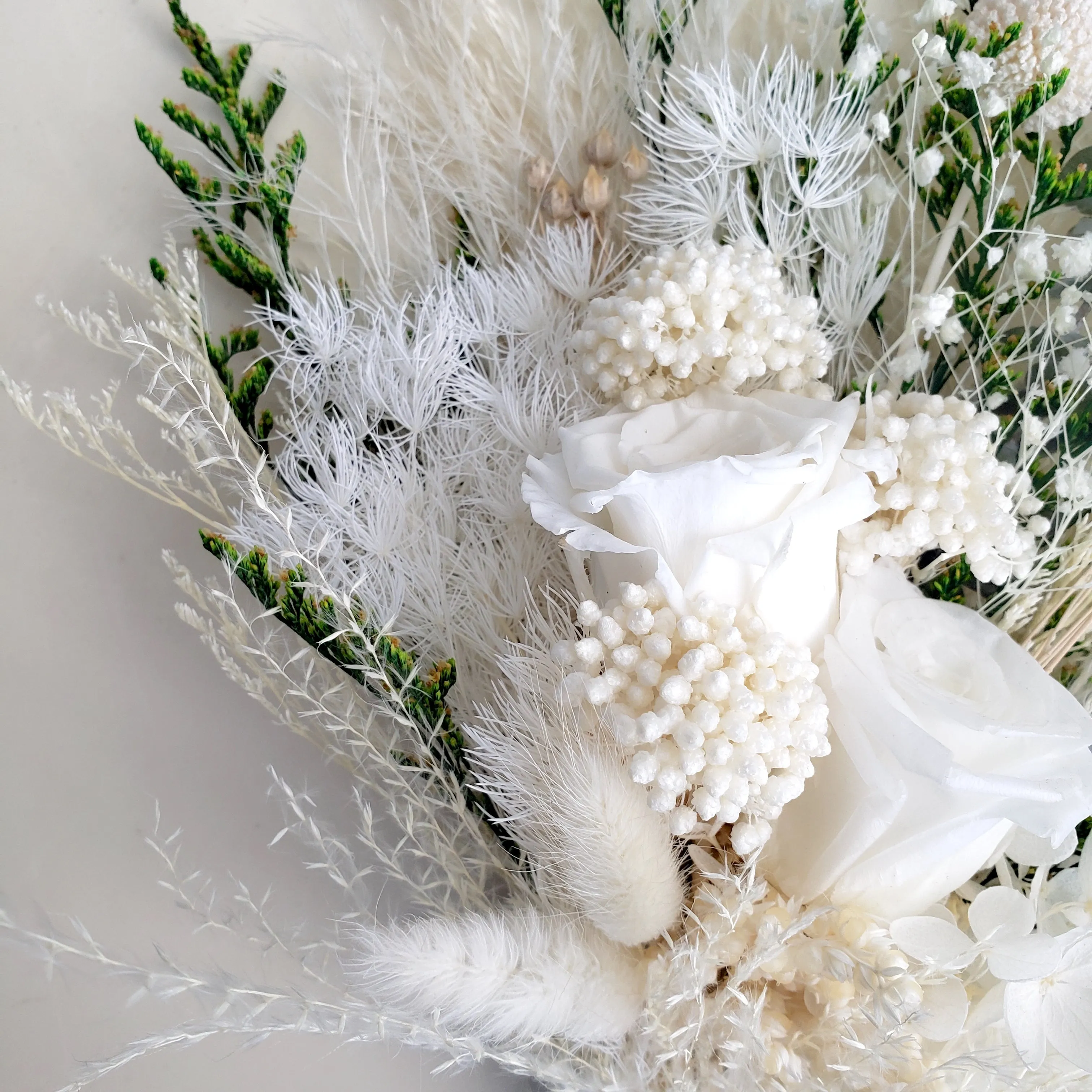 Boho Dried Flower Bouquet, White and Greenery Wedding Flower Bouquet
