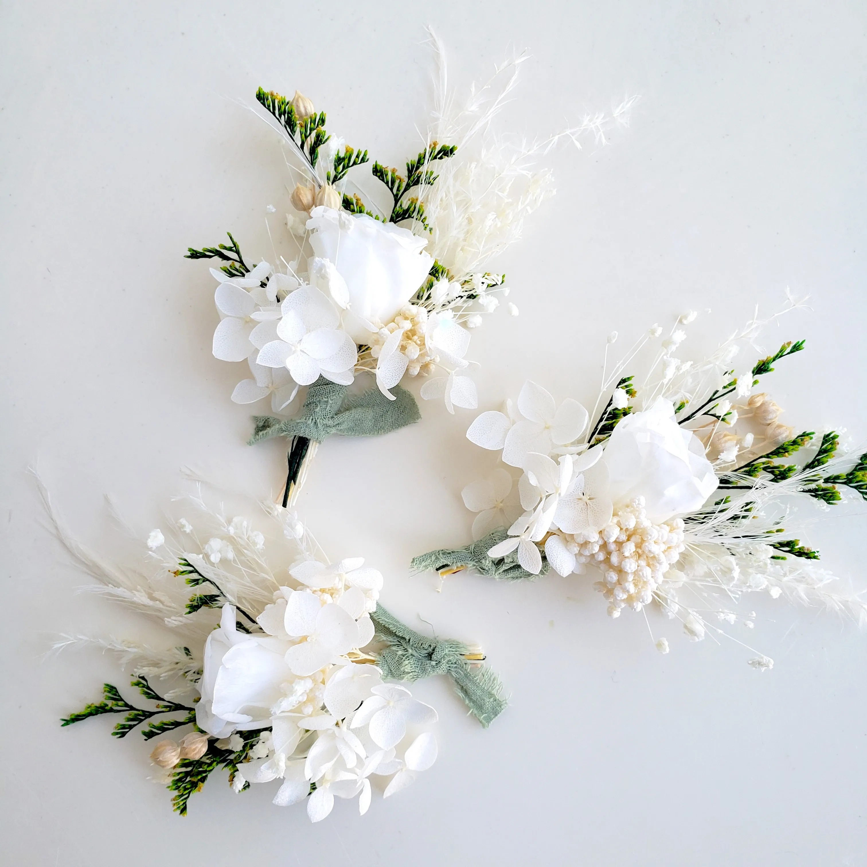 Boho Dried Flower Bouquet, White and Greenery Wedding Flower Bouquet