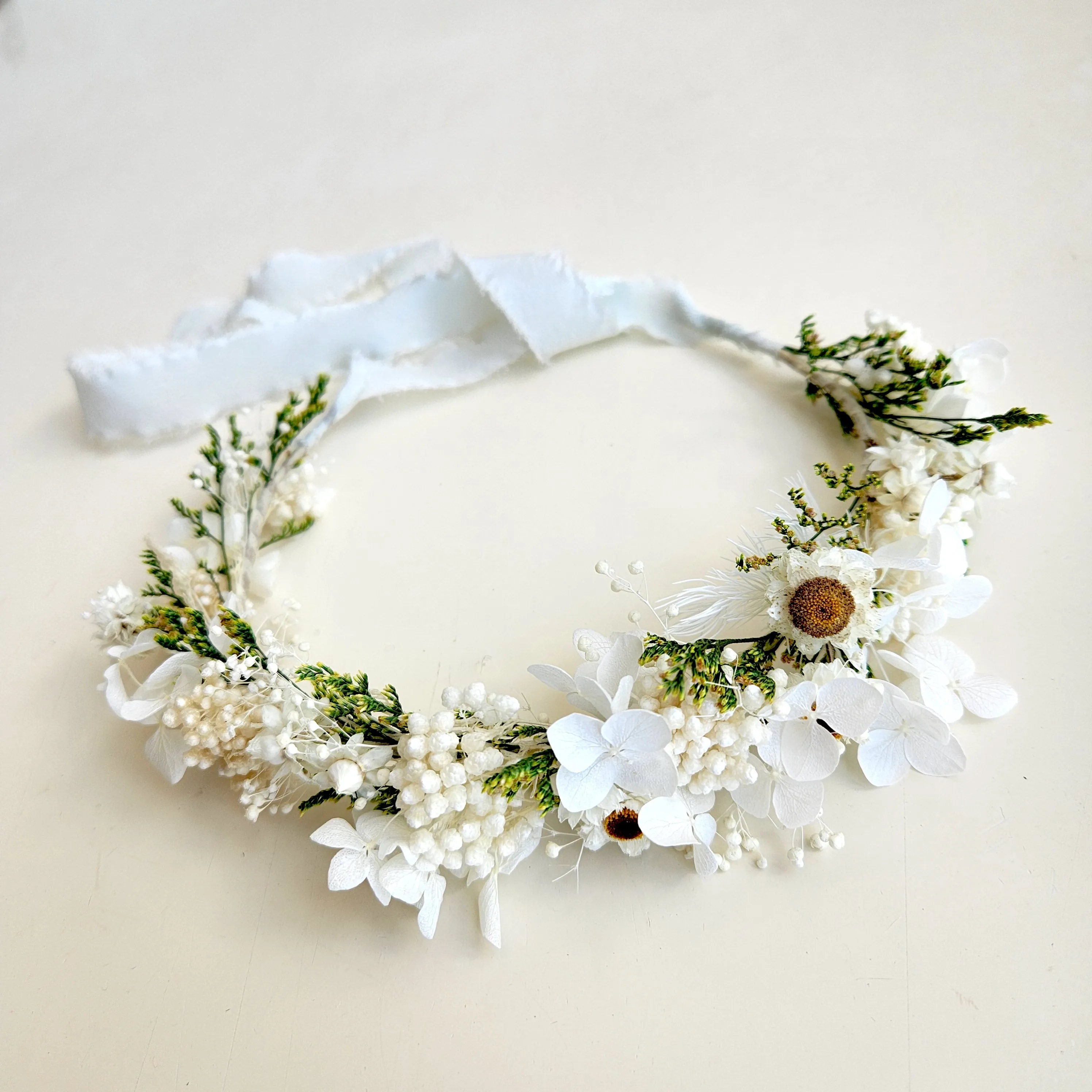 Boho Dried Flower Bouquet, White and Greenery Wedding Flower Bouquet