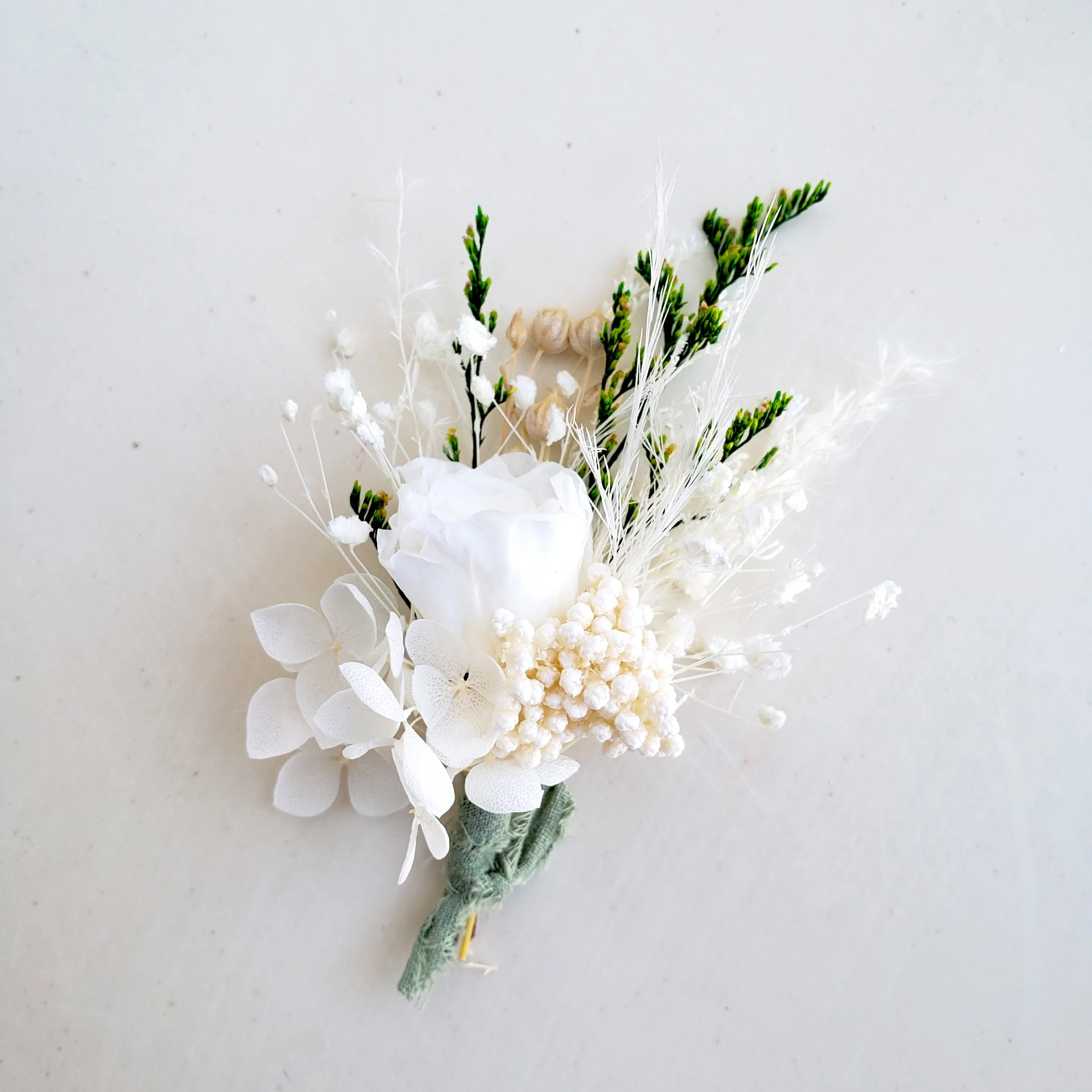 Boho Dried Flower Bouquet, White and Greenery Wedding Flower Bouquet