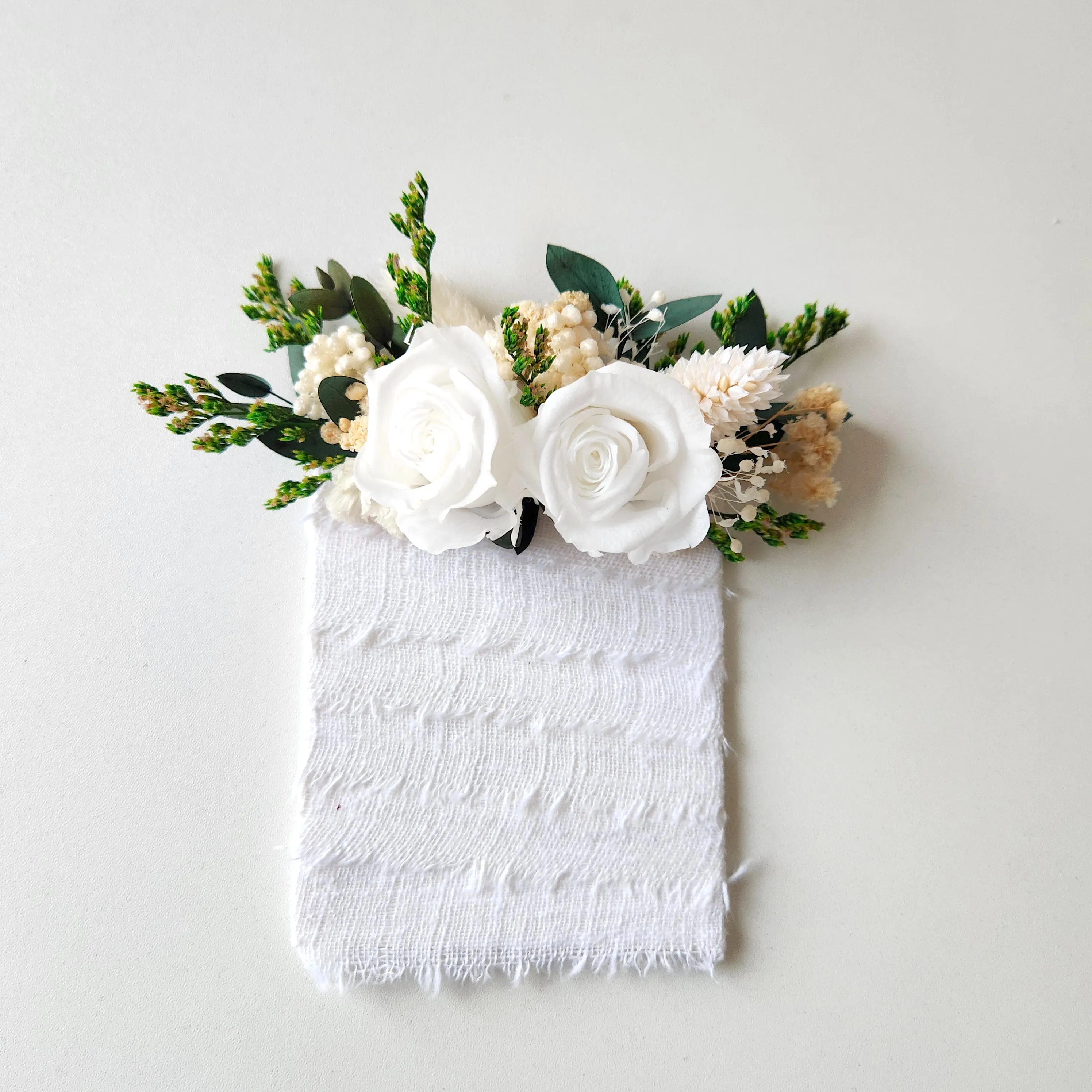 Boho Dried Flower Bouquet, White and Greenery Wedding Flower Bouquet