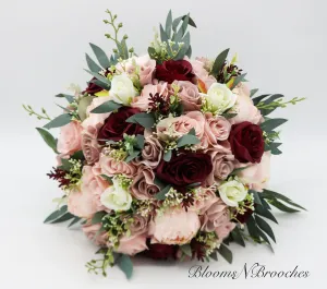 Boho Wedding Bouquet Dusty Rose Wine Ivory, Silk Bridal and Bridesmaids Bouquets for Weddings, Rose Peony Eucalyptus Wedding Bouquet Silk