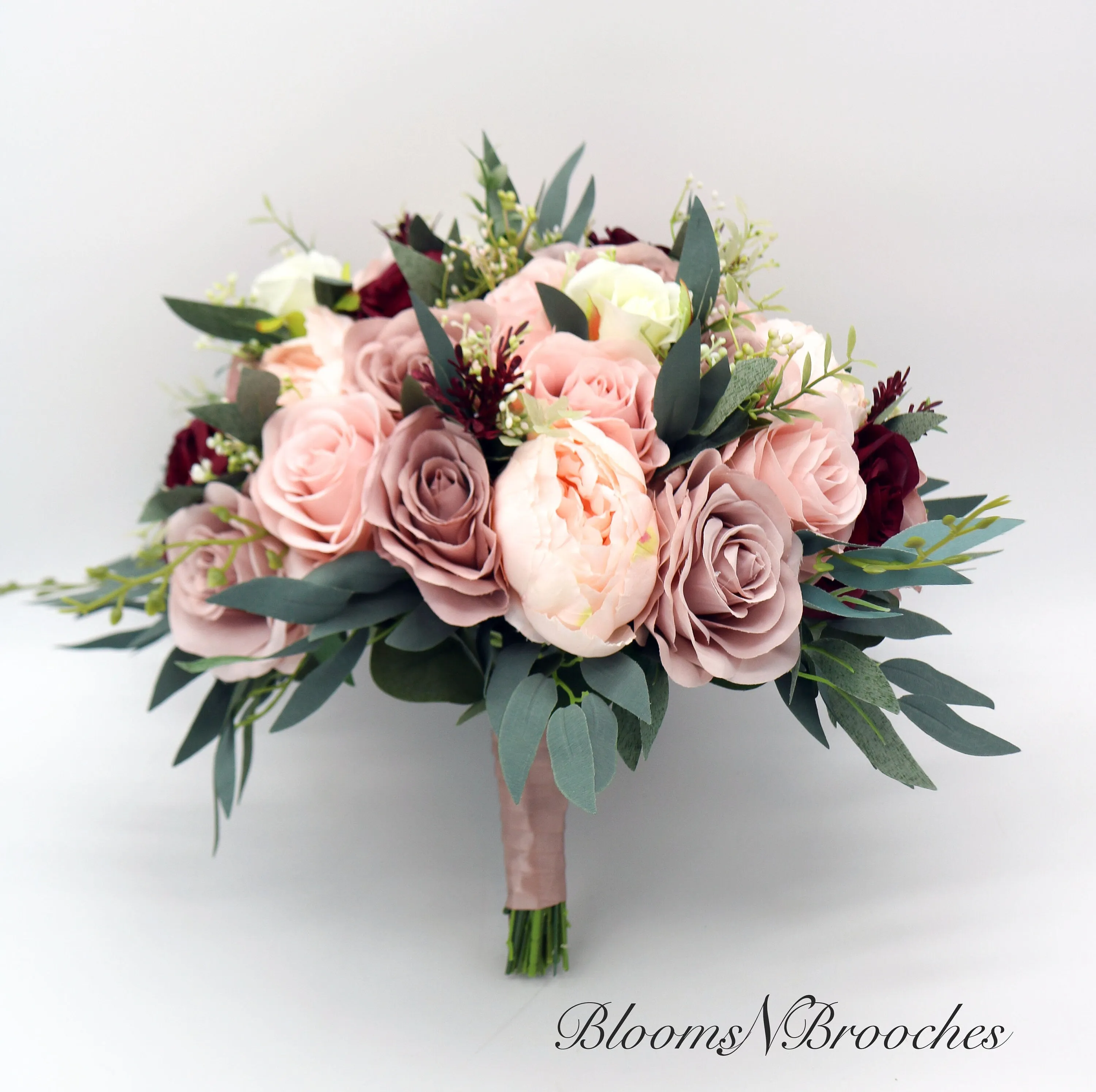 Boho Wedding Bouquet Dusty Rose Wine Ivory, Silk Bridal and Bridesmaids Bouquets for Weddings, Rose Peony Eucalyptus Wedding Bouquet Silk