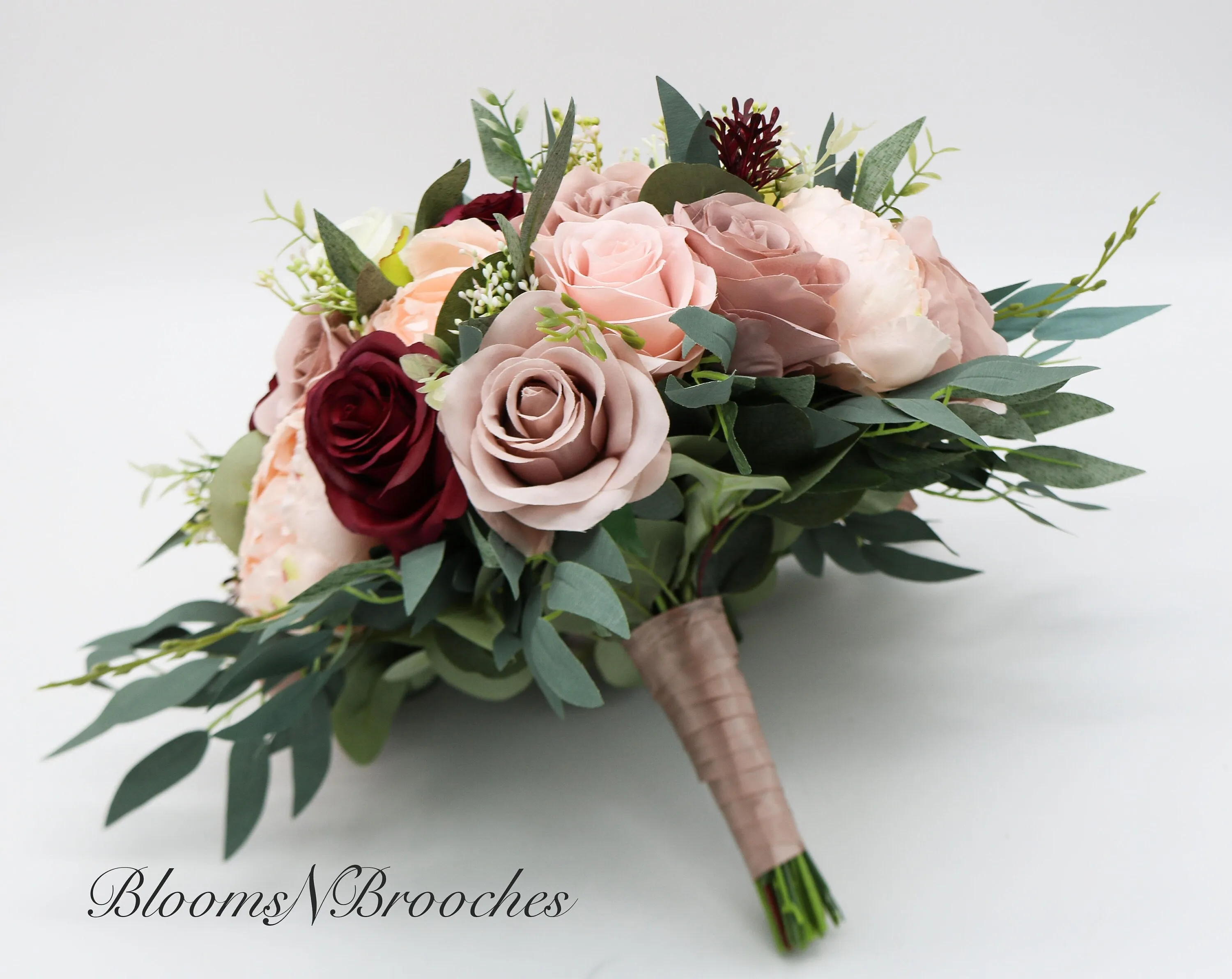 Boho Wedding Bouquet Dusty Rose Wine Ivory, Silk Bridal and Bridesmaids Bouquets for Weddings, Rose Peony Eucalyptus Wedding Bouquet Silk