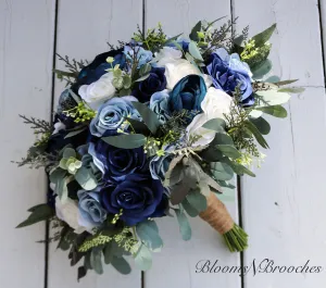 Boho Wedding Bouquet in Navy Dusty Blue and Ivory, Bridal and Bridesmaids bouquet