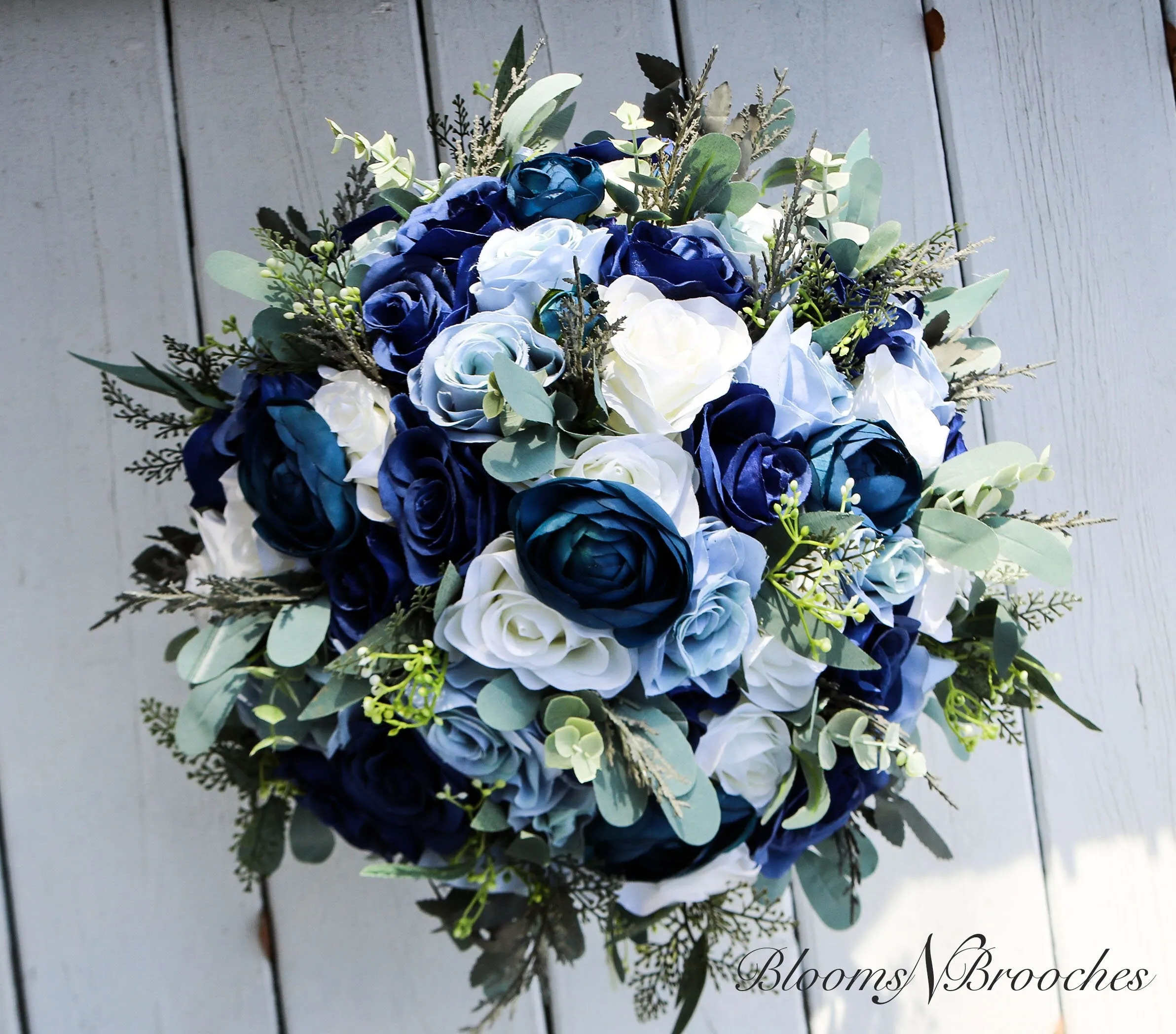 Boho Wedding Bouquet in Navy Dusty Blue and Ivory, Bridal and Bridesmaids bouquet