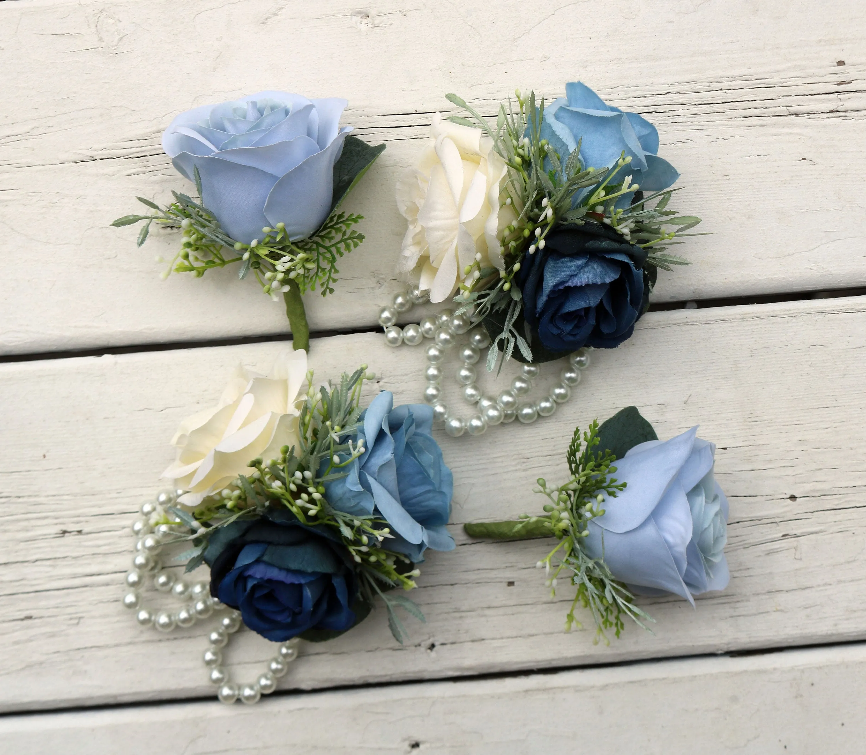 Boho Wedding Bouquet in Navy Dusty Blue and Ivory, Bridal and Bridesmaids bouquet