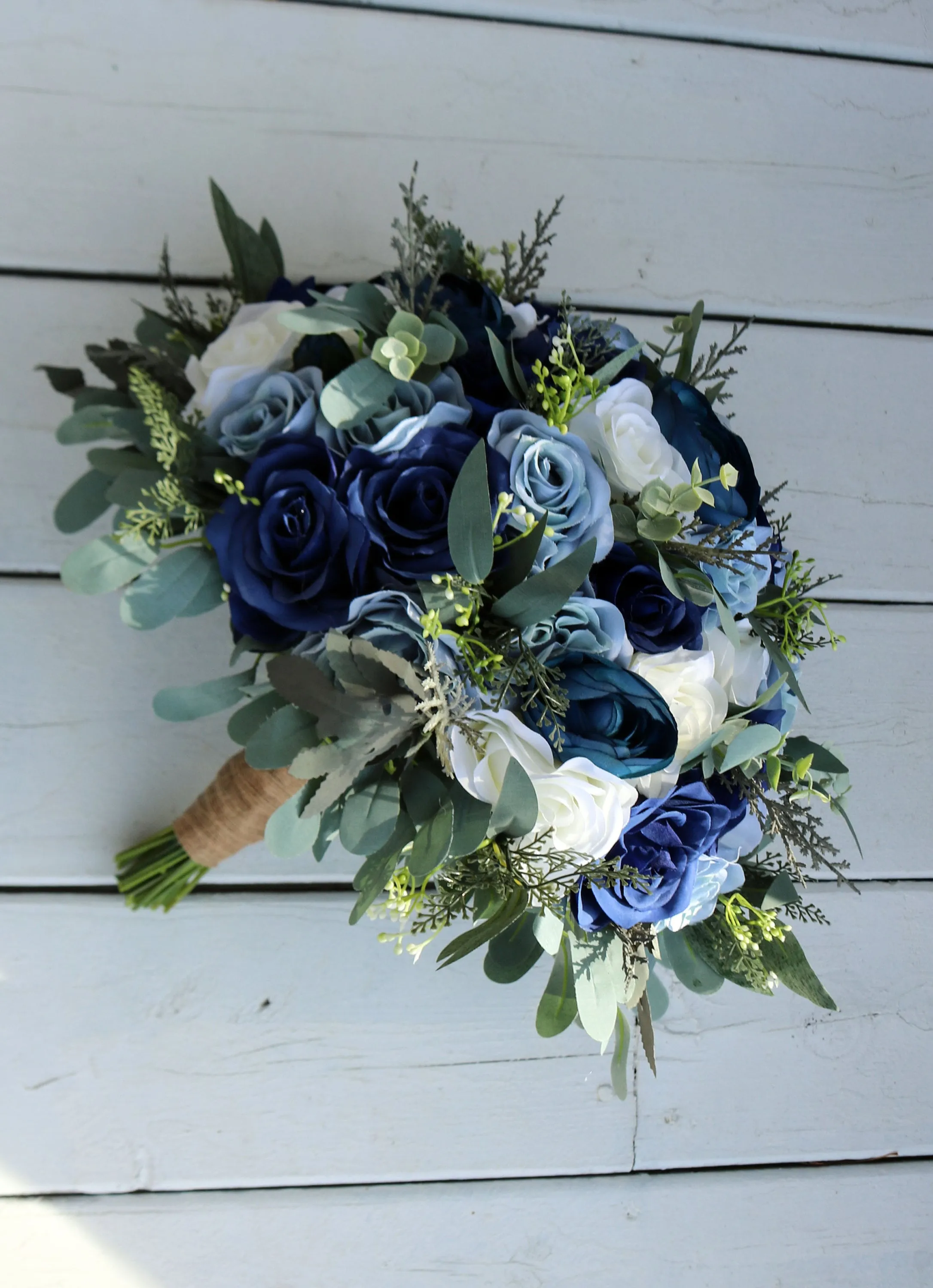 Boho Wedding Bouquet in Navy Dusty Blue and Ivory, Bridal and Bridesmaids bouquet