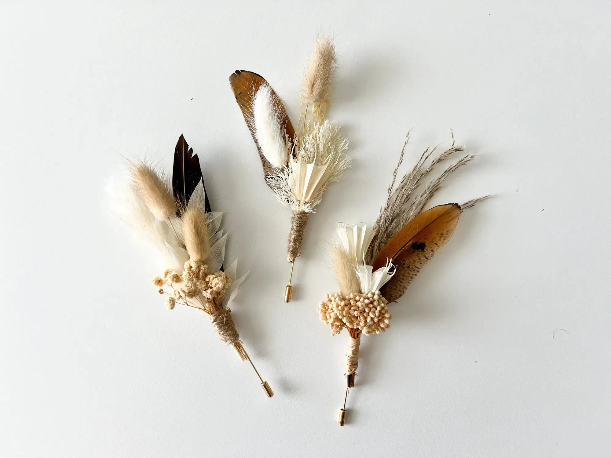 Boho Wedding Boutonnieres, Neutral Dried Flower Boutonniere, Boho Fall Wedding Flowers, Boutonniere Set, Pheasant Feather, Choose Your Style